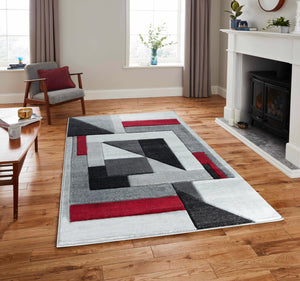 Red Silver Charcoal Grey Geometric Shapes Hand-Carved Abstract Soft Premium Modern Contemporary Non-Shedding Area Rug