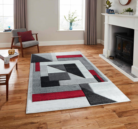 Red Silver Charcoal Grey Geometric Shapes Hand-Carved Abstract Soft Premium Modern Contemporary Non-Shedding Area Rug