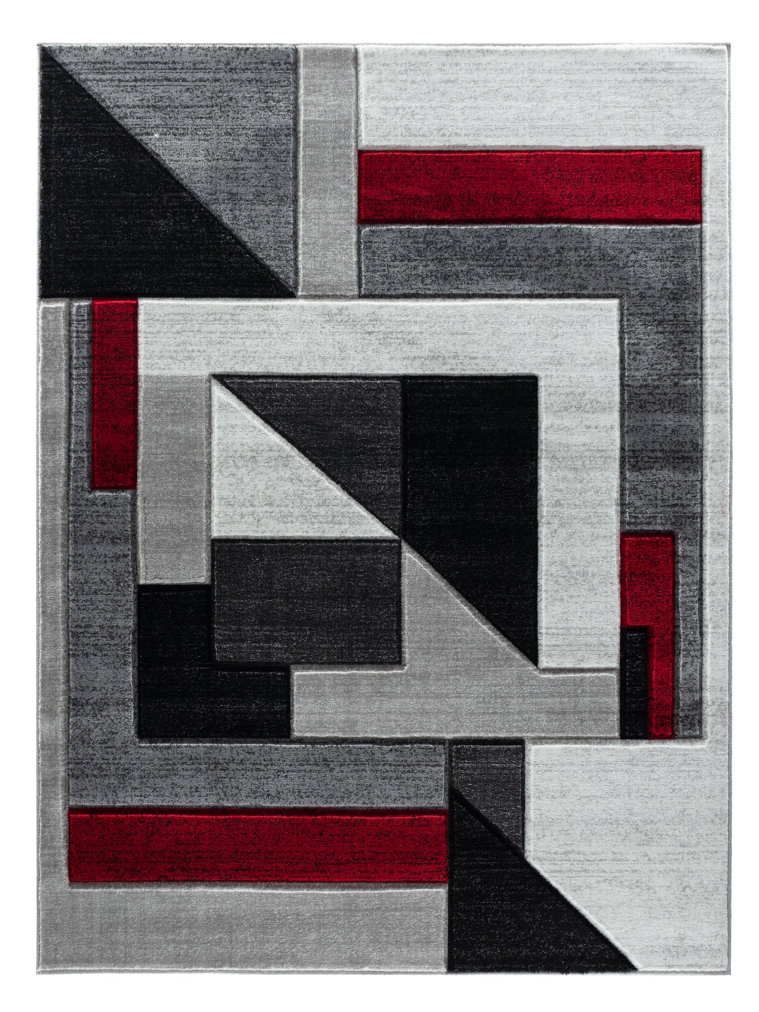 Red Silver Charcoal Grey Geometric Shapes Hand-Carved Abstract Soft Premium Modern Contemporary Non-Shedding Area Rug
