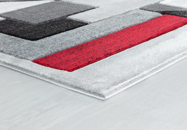 Red Silver Charcoal Grey Geometric Shapes Hand-Carved Abstract Soft Premium Modern Contemporary Non-Shedding Area Rug