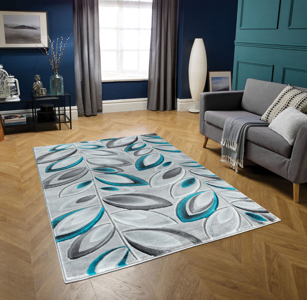 Blue Turquoise Teal Silver Floral Nature Leaf Hand-Carved Abstract Soft Premium Modern Contemporary Non-Shedding Area Rug