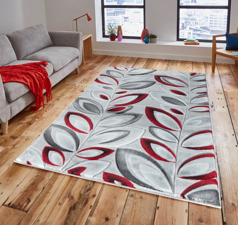 Red Silver Floral Nature Leaf Hand-Carved Abstract Soft Premium Modern Contemporary Non-Shedding Area Rug