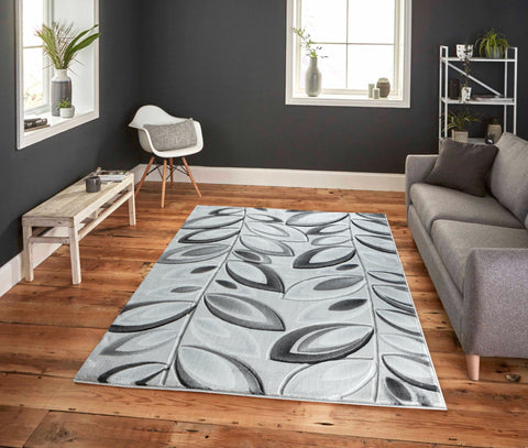 Silver Grey Floral Nature Leaf Hand-Carved Abstract Soft Premium Modern Contemporary Non-Shedding Area Rug