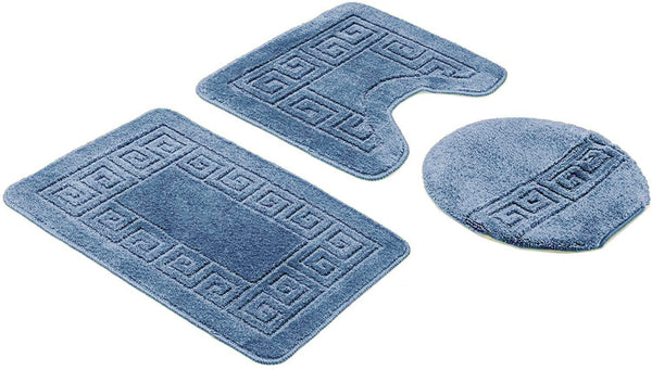 3 Piece Bath Set Anti-Slip Patchwork Bathroom Mat, Large Contour Mat & Lid Cover Light Blue