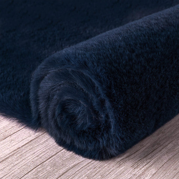 Navy Blue Faux Rabbit Fur Fuzzy Soft Fluffy Plush Cozy Shaggy Area Rug