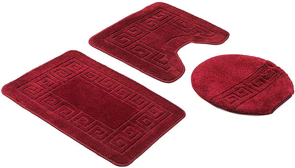 3 Piece Bath Set Anti-Slip Patchwork Bathroom Mat, Large Contour Mat & Lid Cover Burgundy Red