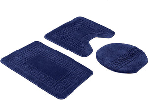 3 Piece Bath Set Anti-Slip Patchwork Bathroom Mat, Large Contour Mat & Lid Cover Navy Blue