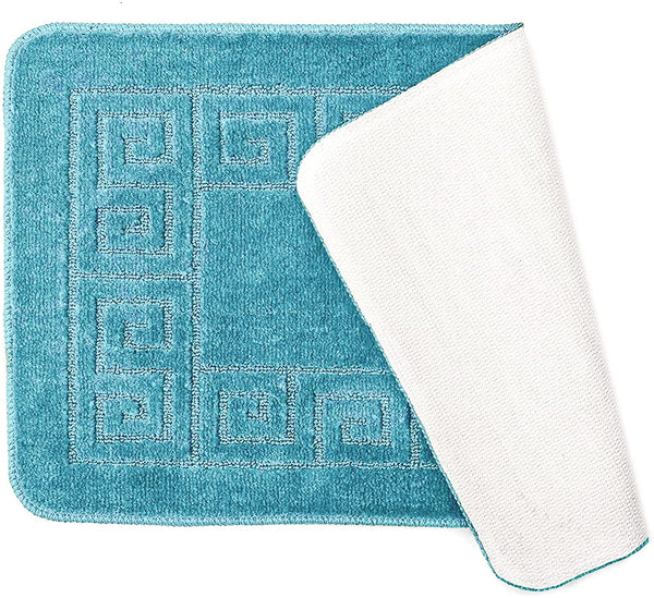 3 Piece Bath Set Anti-Slip Patchwork Bathroom Mat, Large Contour Mat & Lid Cover Turquoise Blue